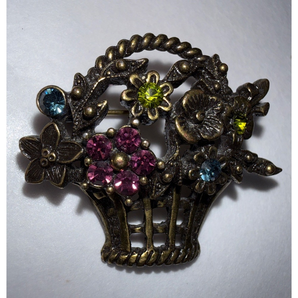 Vintage Brooch Floral Basket Multi Rhinestone GoldTone Floral Pin 1.25"